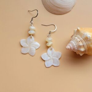 Plumeria Flower Shell Beachy Ocean Island Earrings